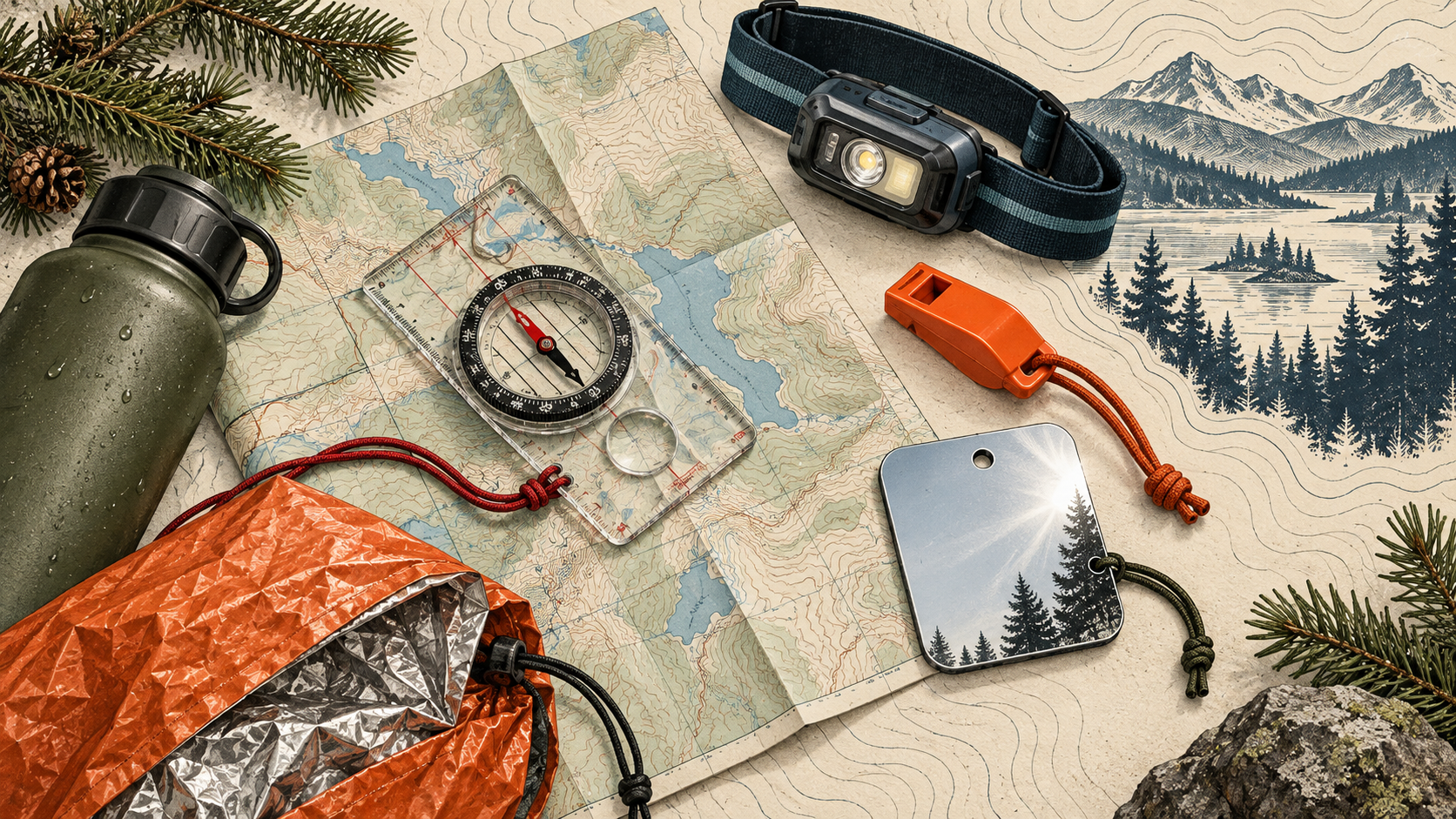 Illustrated outdoor field kit with a map, compass, whistle, headlamp, signal mirror, water bottle, and emergency bivy